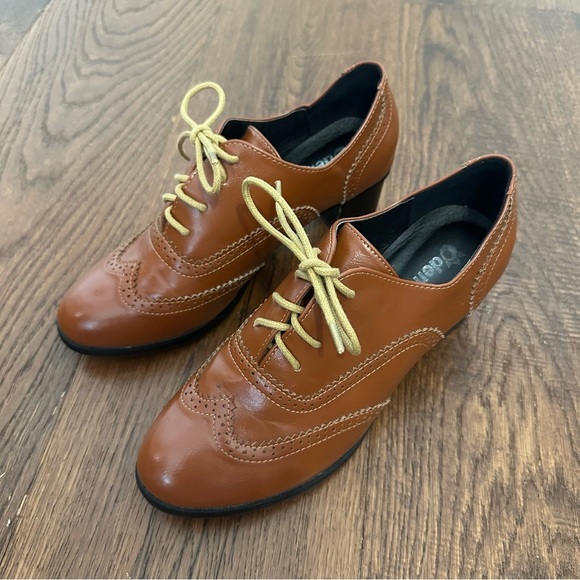 ODEMA Brown Brogue Lace Up Oxford Wing Tip Chunky Heels Patent Leather Shoes 8.5 - Picture 1 of 7